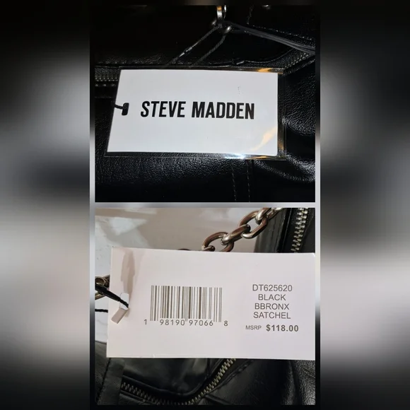 NWT Steve Madden BBRONX Satchel - Black Moto Studded Bag with Chain - Picture 15 of 15